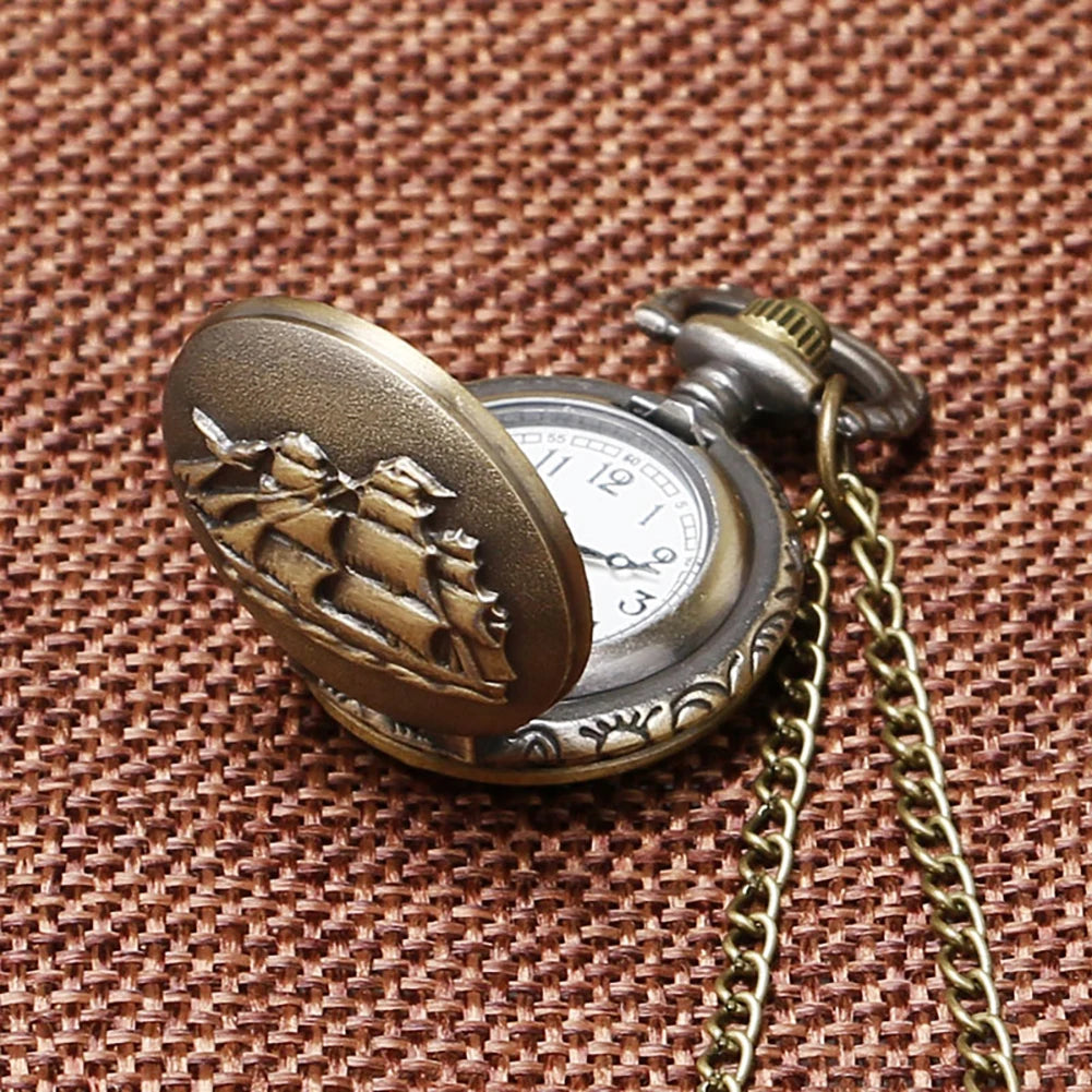 Vintage Bronze Retro Bronze Sailboat Design Small Size Quartz Pocket Watch