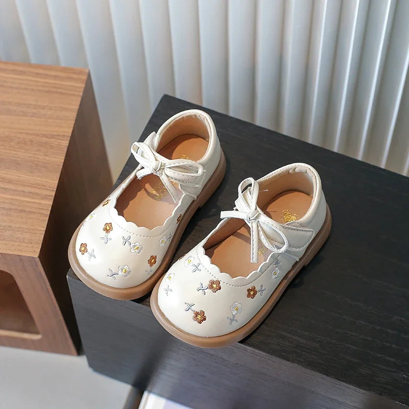 Toddler Girl's Flower Vintage Ruffles Beige Brown Kids Leather Shoe