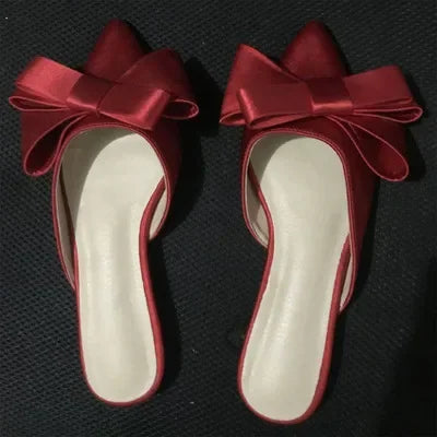 Women's Shoes Korean Silk Satin Pointed Bow Tie Slippers Baotou Flat Heel