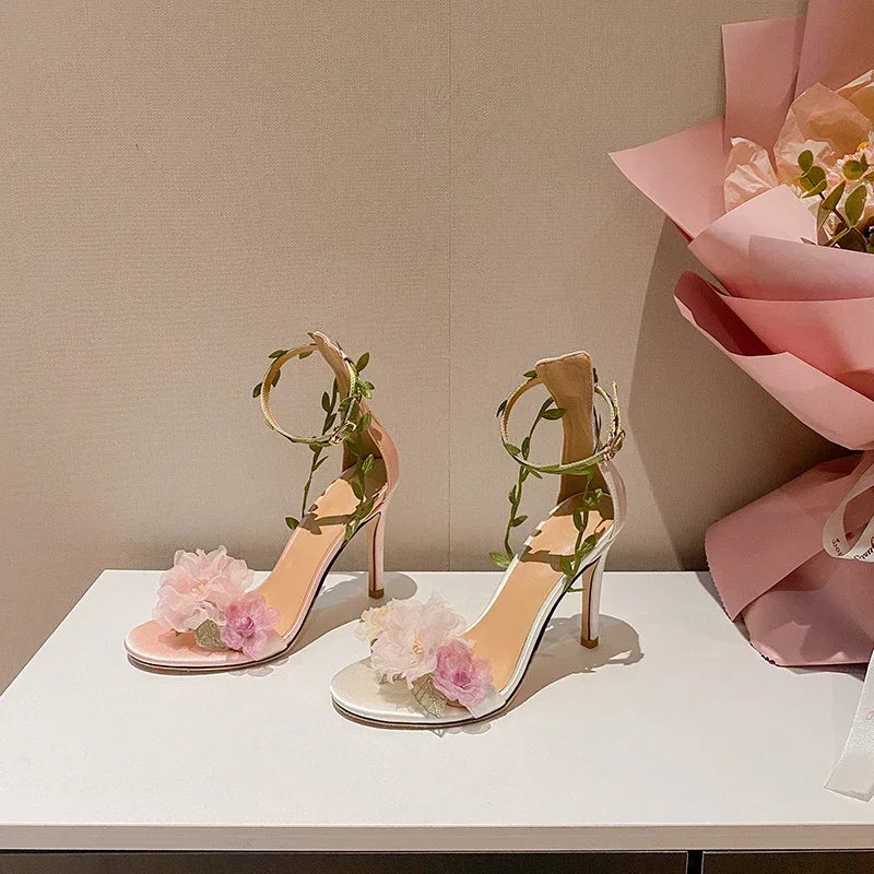 Summer Pink Sweet Chiffon Flower Dream High Heels Lace up Sandals Wedding Banquet