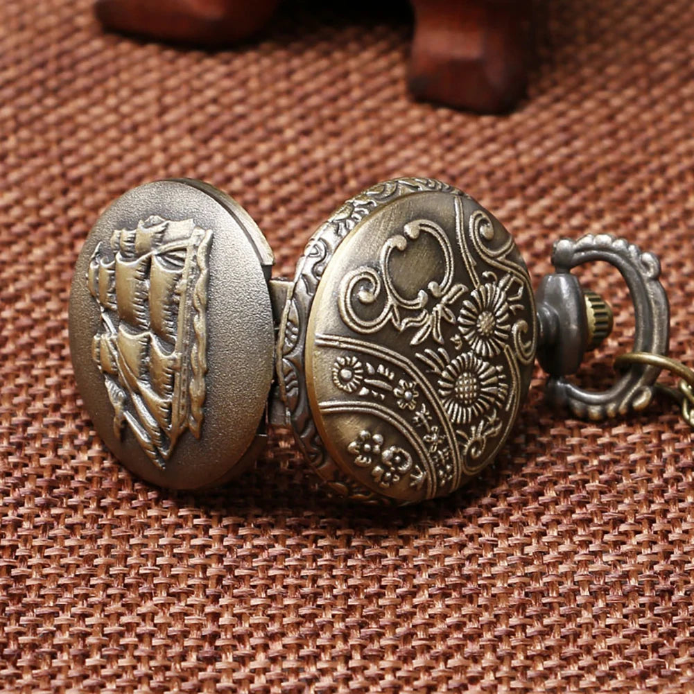 Vintage Bronze Retro Bronze Sailboat Design Small Size Quartz Pocket Watch