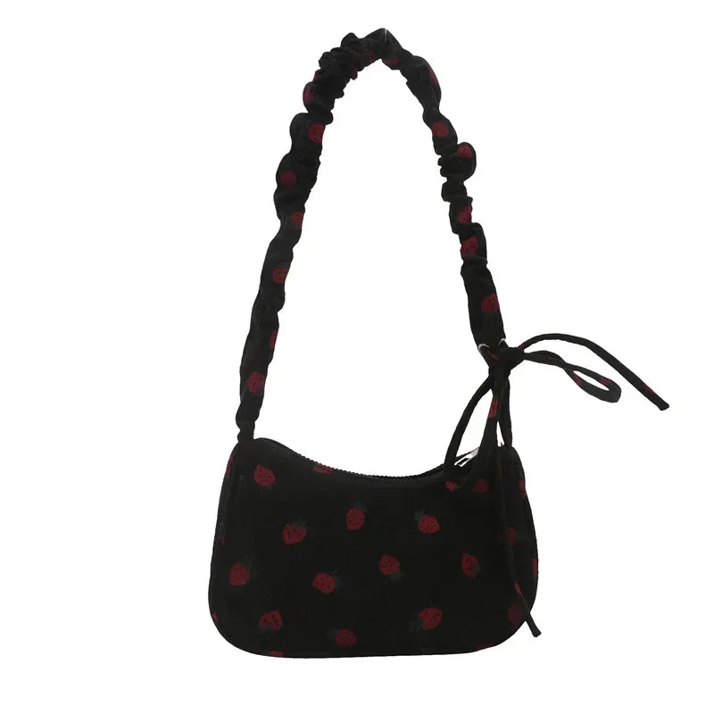 Corduroy Handbag Cute Strawberry Print Little Tote Half Moon Design Eco Cloth Purse