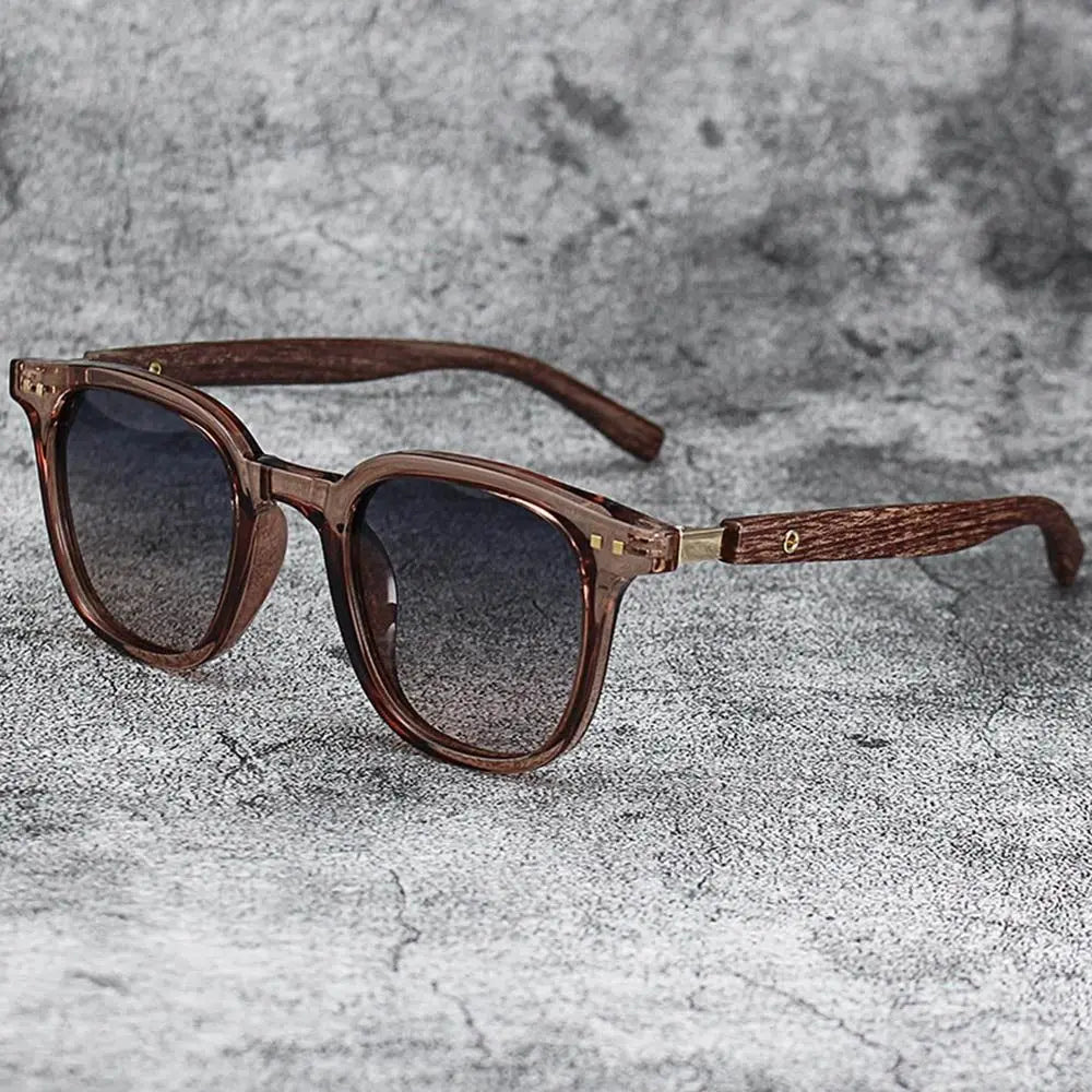 Trendy Retro Wood Grain Sunglasses Square Frame UV Protection
