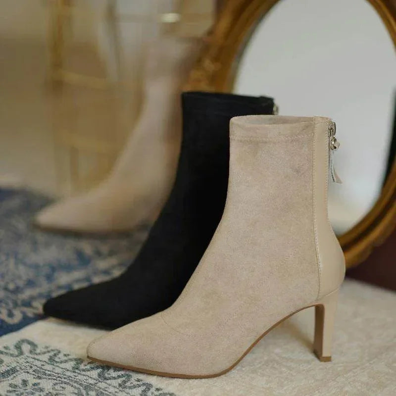 High Heel Suede Boots Women's Korean Style Mid Heel Stretch Thin Boots Pointed Toe