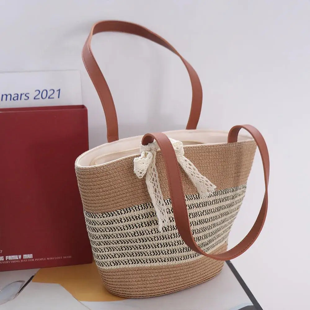Shoulder Bag Sweet Woven Tote Bag Breathable Lace Ribbon Stripe