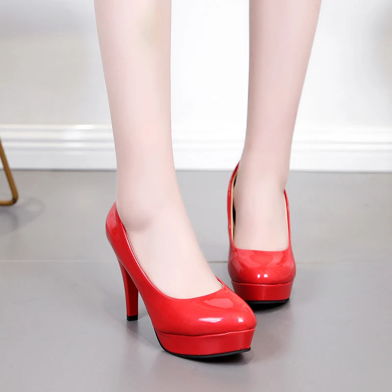 Waterproof platform high heels patent leather sexy round toe stiletto wedding shoes
