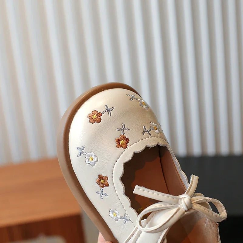 Toddler Girl's Flower Vintage Ruffles Beige Brown Kids Leather Shoe