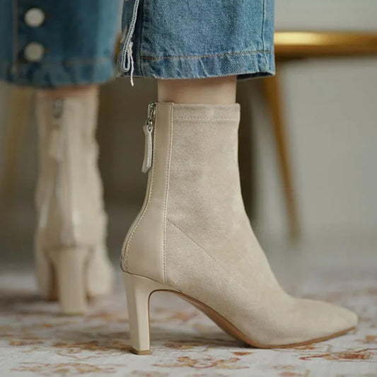 High Heel Suede Boots Women's Korean Style Mid Heel Stretch Thin Boots Pointed Toe