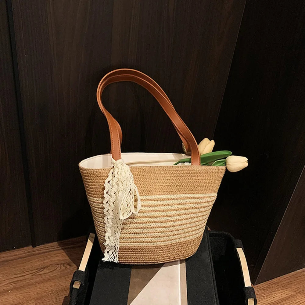 Shoulder Bag Sweet Woven Tote Bag Breathable Lace Ribbon Stripe