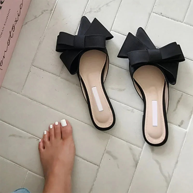 Women's Shoes Korean Silk Satin Pointed Bow Tie Slippers Baotou Flat Heel