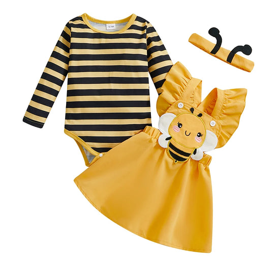 Autumn Skirt Sets Flying Sleeve Romper Bee Beetle Embroidery
