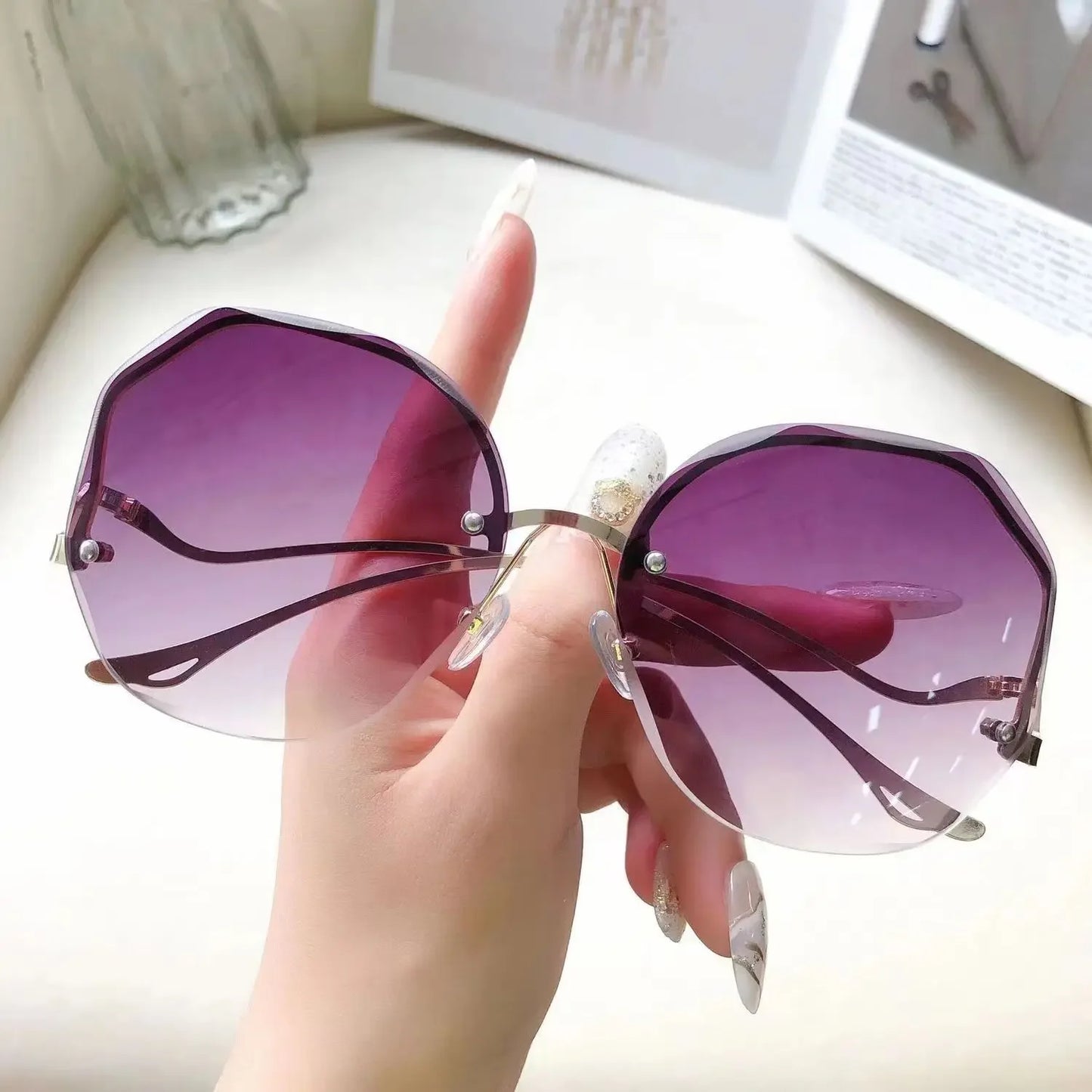 Rimless Sunglasses Polygonal Large Frame Gradient Sunscreen Eyeglasses