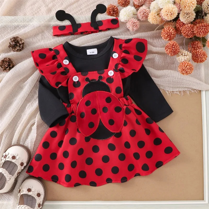 Autumn Skirt Sets Flying Sleeve Romper Bee Beetle Embroidery