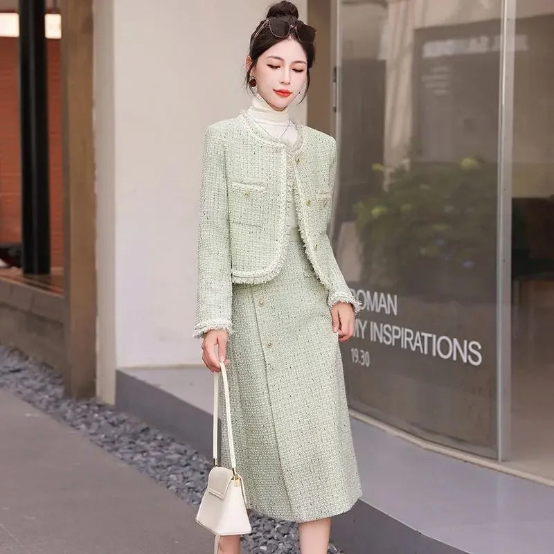 Elegant Tweed Tassel Long Sleeve Jacket Coat + High Waist Skirt