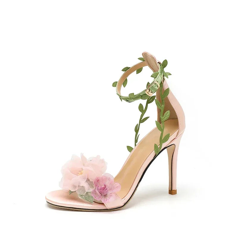 Summer Pink Sweet Chiffon Flower Dream High Heels Lace up Sandals Wedding Banquet