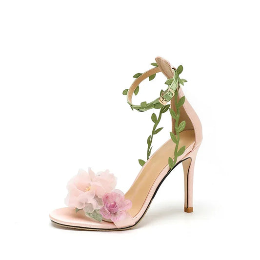 Summer Pink Sweet Chiffon Flower Dream High Heels Lace up Sandals Wedding Banquet