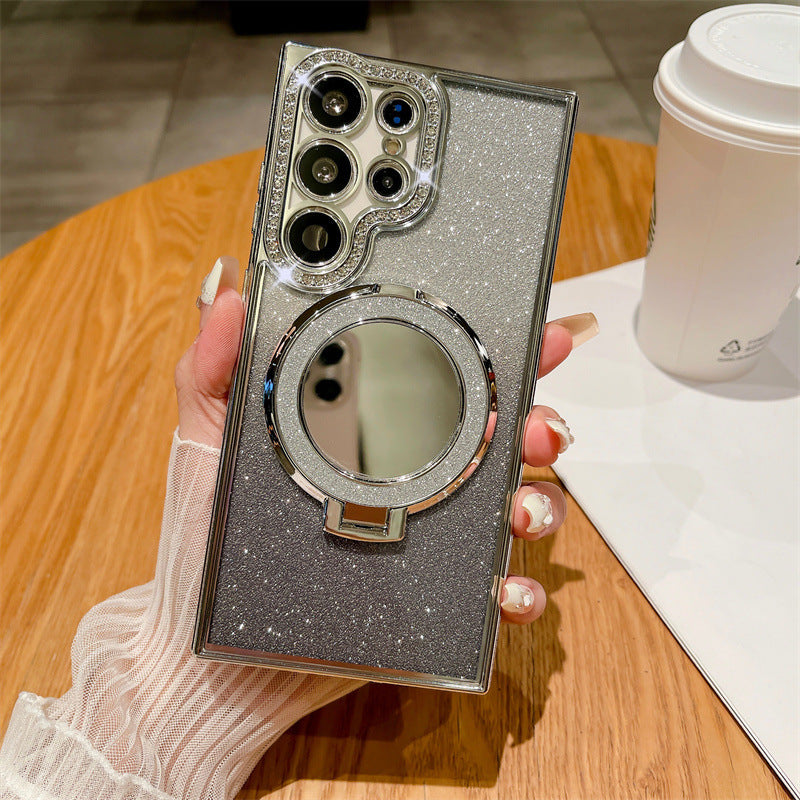 Rhinestone Glitter Magnetic Suction Mirror Bracket Drop-resistant Soft Case