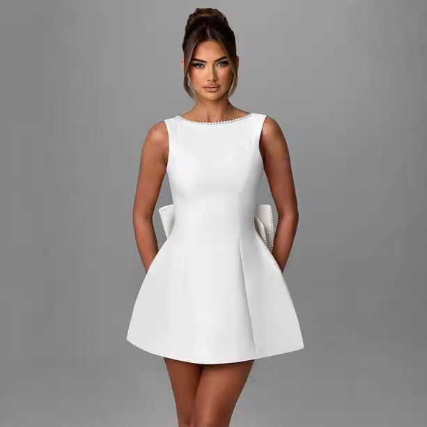 Big-Bowed Pearls Backless Dress Summer Slim Sleeveless A-line Dresses for Party Evening