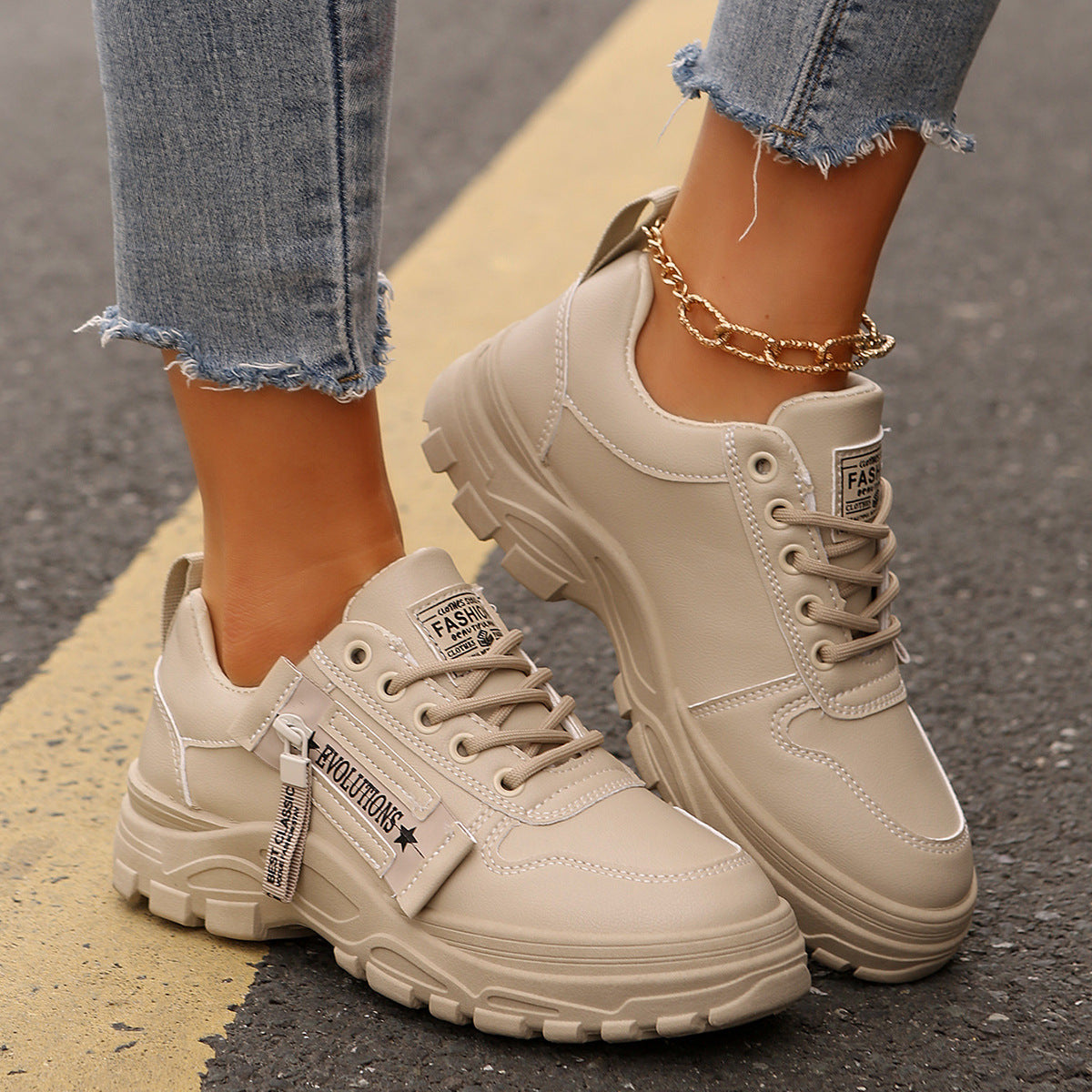 Lace-up Sports Shoes with Side-Zipper Design Round-toe Casual Shoes