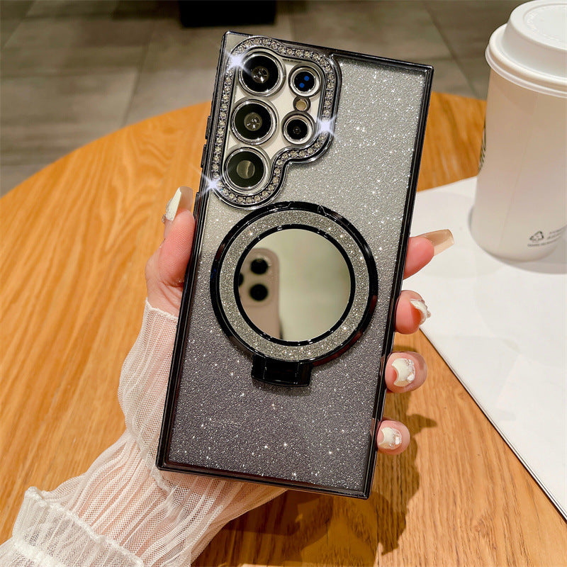 Rhinestone Glitter Magnetic Suction Mirror Bracket Drop-resistant Soft Case