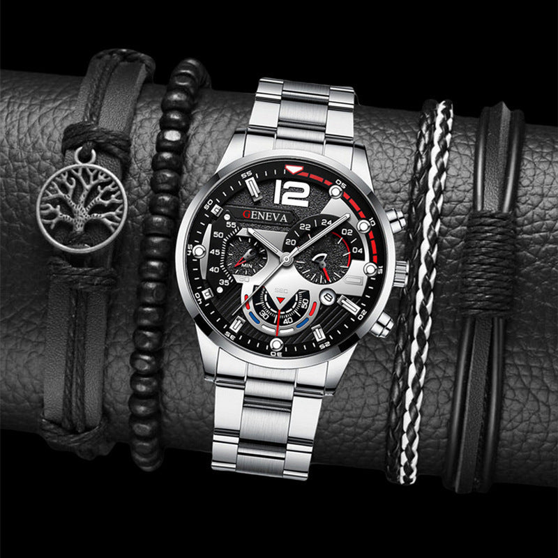Popular Steel Strip Fashion Business Three Eye Quartz Watch Set Gifts