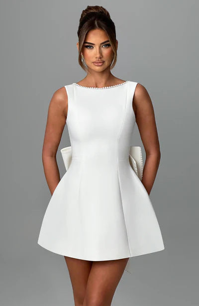 Big-Bowed Pearls Backless Dress Summer Slim Sleeveless A-line Dresses for Party Evening