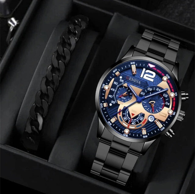 Popular Steel Strip Fashion Business Three Eye Quartz Watch Set Gifts