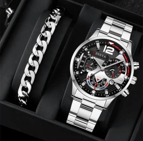 Popular Steel Strip Fashion Business Three Eye Quartz Watch Set Gifts