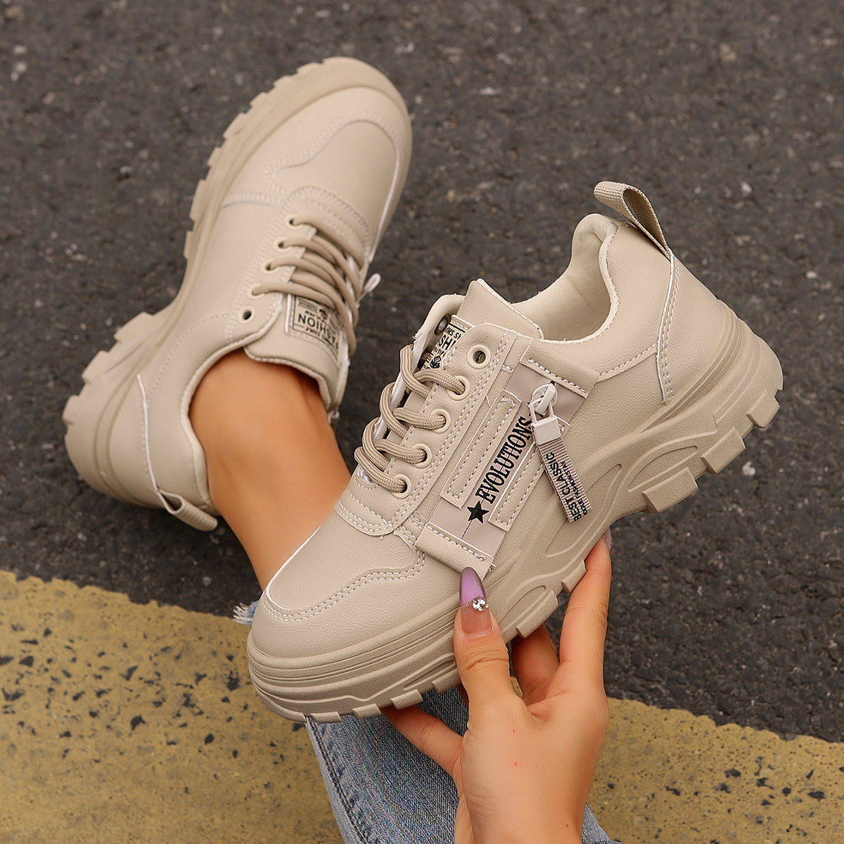 Lace-up Sports Shoes with Side-Zipper Design Round-toe Casual Shoes