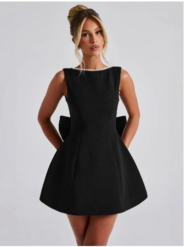 Big-Bowed Pearls Backless Dress Summer Slim Sleeveless A-line Dresses for Party Evening