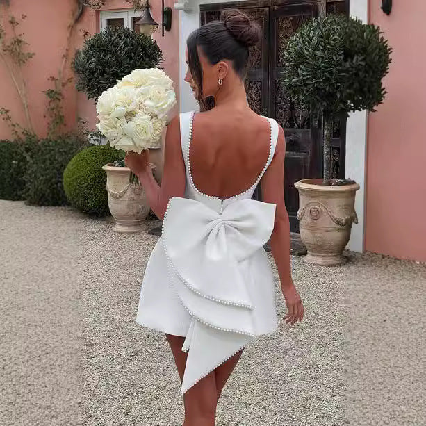 Big-Bowed Pearls Backless Dress Summer Slim Sleeveless A-line Dresses for Party Evening