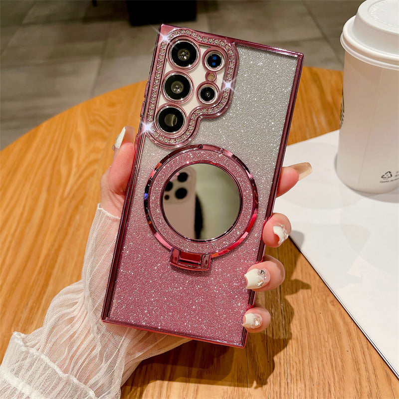 Rhinestone Glitter Magnetic Suction Mirror Bracket Drop-resistant Soft Case