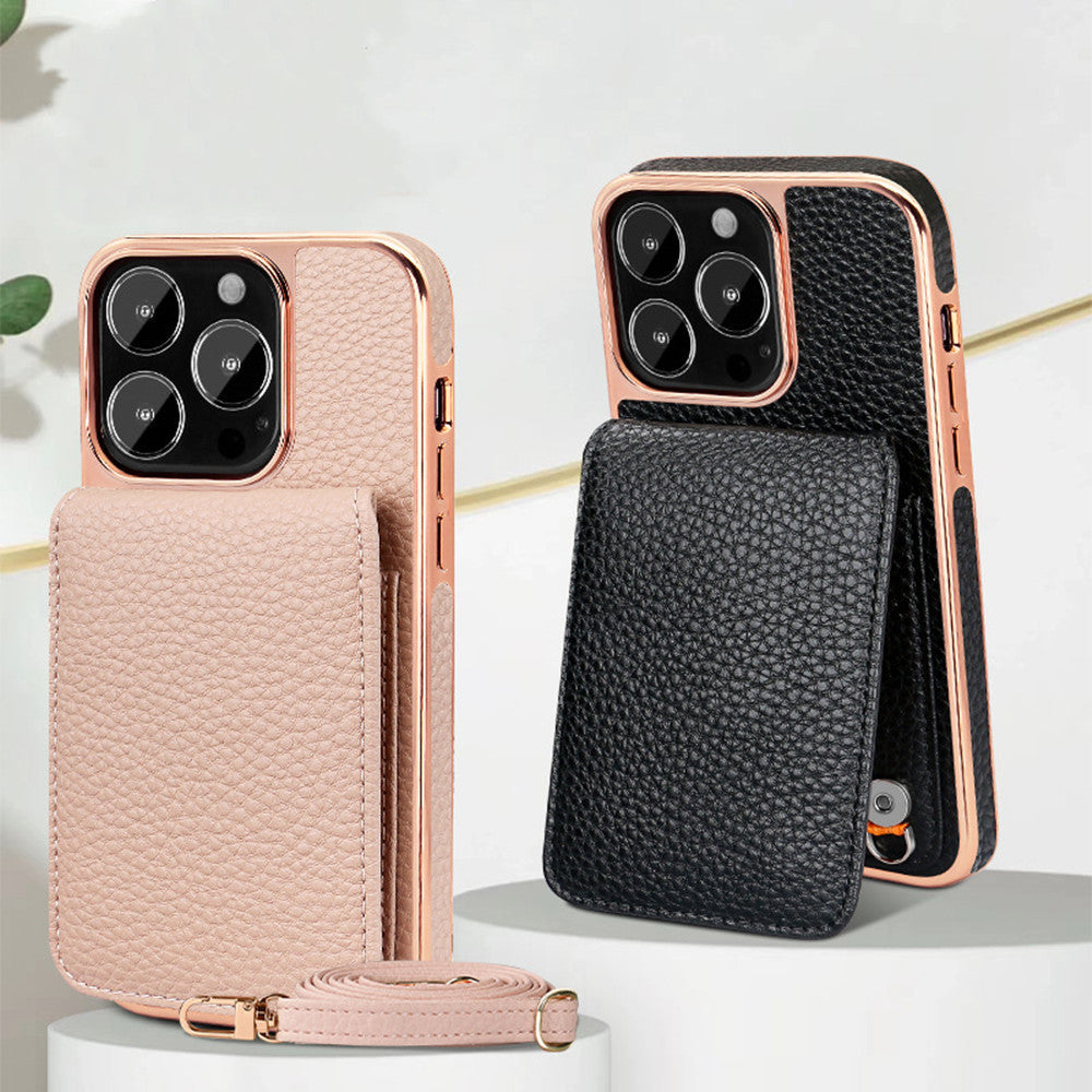 Litchi Pattern Wallet Lanyard Phone Case