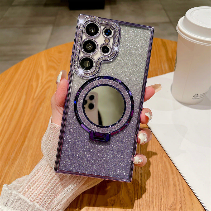 Rhinestone Glitter Magnetic Suction Mirror Bracket Drop-resistant Soft Case
