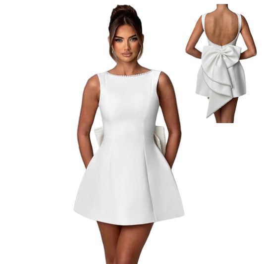 Big-Bowed Pearls Backless Dress Summer Slim Sleeveless A-line Dresses for Party Evening