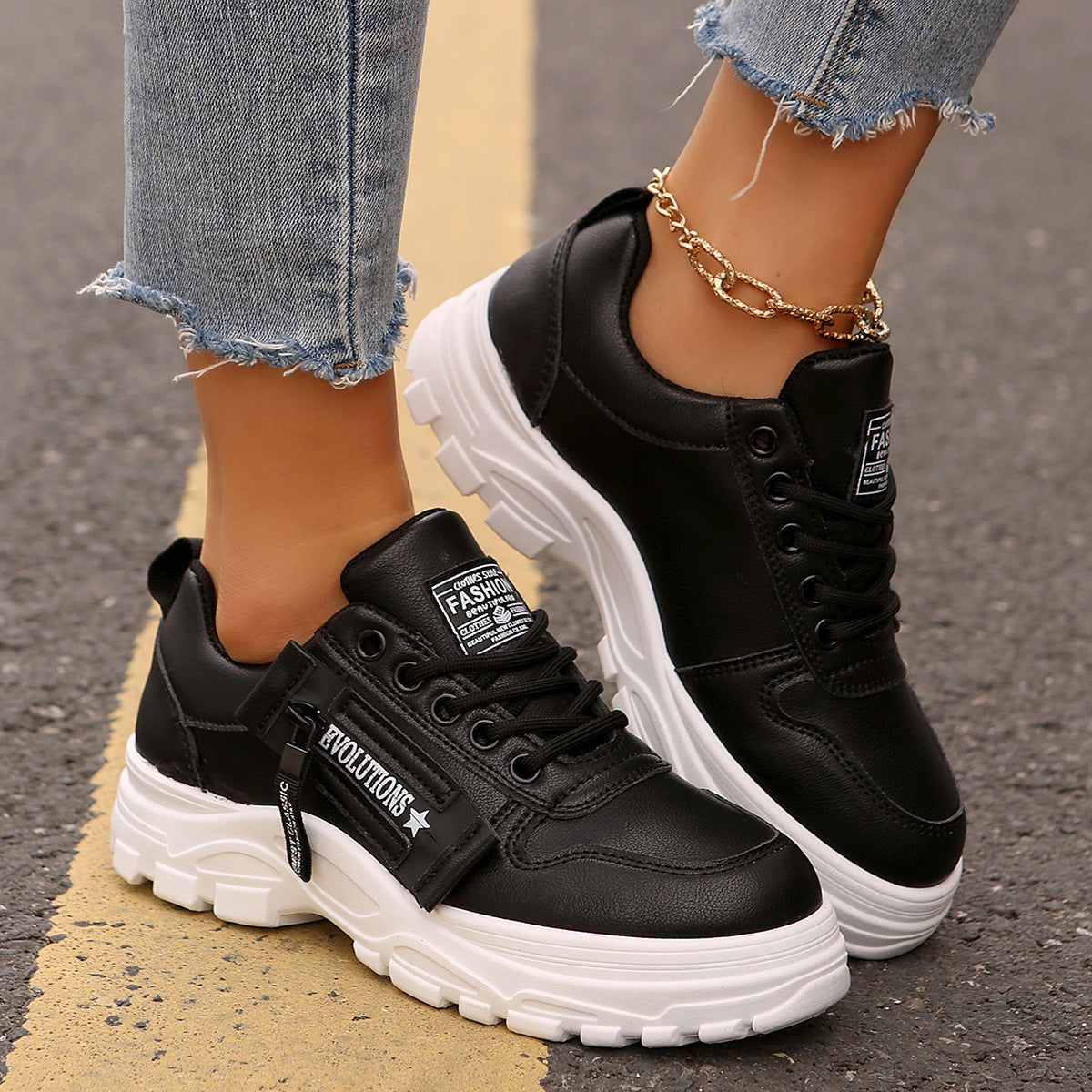 Lace-up Sports Shoes with Side-Zipper Design Round-toe Casual Shoes