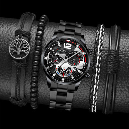 Popular Steel Strip Fashion Business Three Eye Quartz Watch Set Gifts