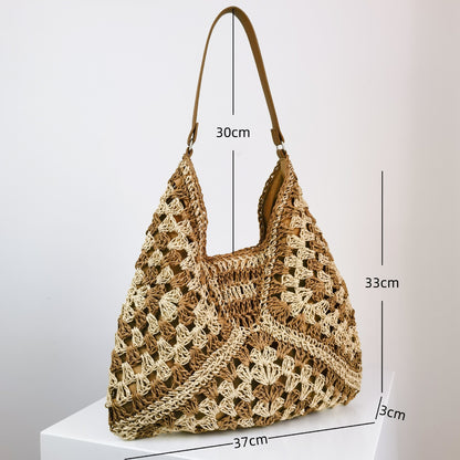Handmade Straw Woven Hollow Contrast Color Weave Shoulder Bag