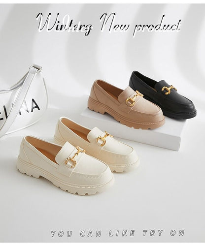 Retro Small Golden Button Round Toe PVC Slip-on Platform Shoes