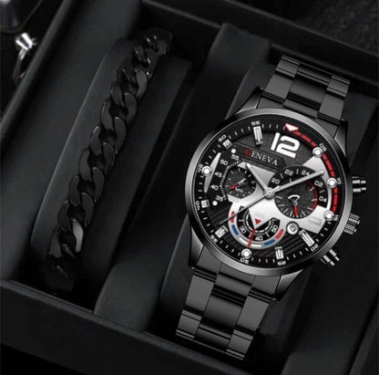 Popular Steel Strip Fashion Business Three Eye Quartz Watch Set Gifts