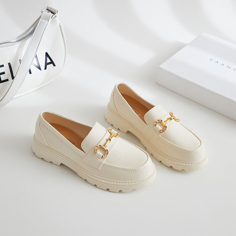 Retro Small Golden Button Round Toe PVC Slip-on Platform Shoes