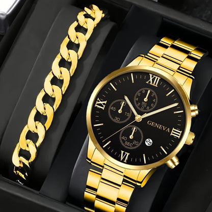 Popular Steel Strip Fashion Business Three Eye Quartz Watch Set Gifts