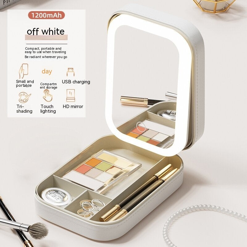 Makeup Storage Box with LED Light Mirror Portable Travel