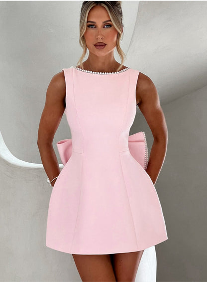 Big-Bowed Pearls Backless Dress Summer Slim Sleeveless A-line Dresses for Party Evening