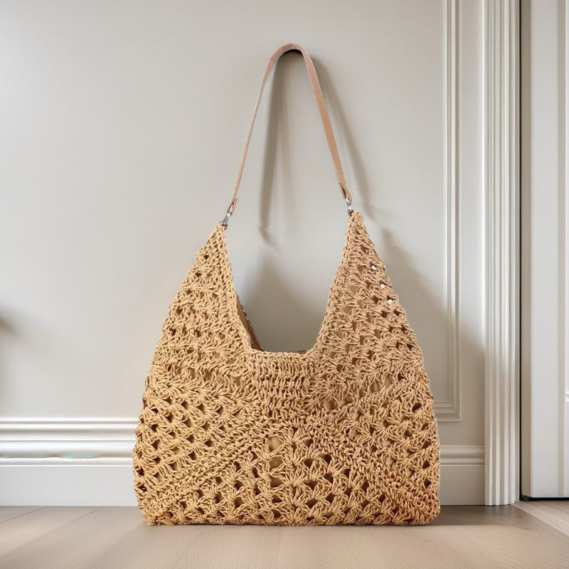 Handmade Straw Woven Hollow Contrast Color Weave Shoulder Bag