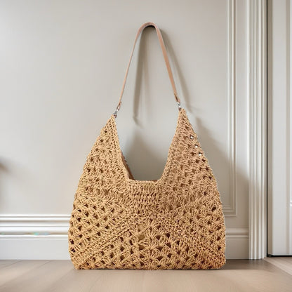 Handmade Straw Woven Hollow Contrast Color Weave Shoulder Bag