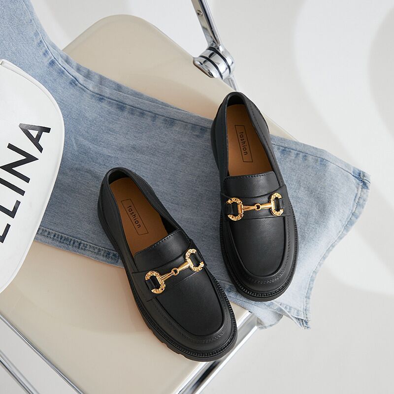 Retro Small Golden Button Round Toe PVC Slip-on Platform Shoes