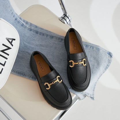 Retro Small Golden Button Round Toe PVC Slip-on Platform Shoes