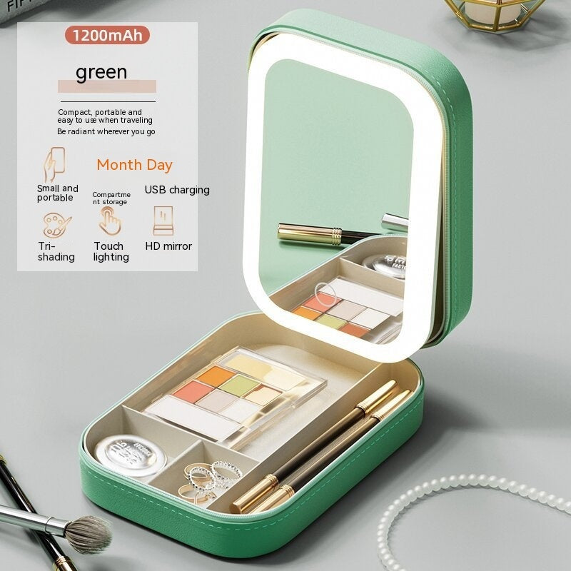 Makeup Storage Box with LED Light Mirror Portable Travel