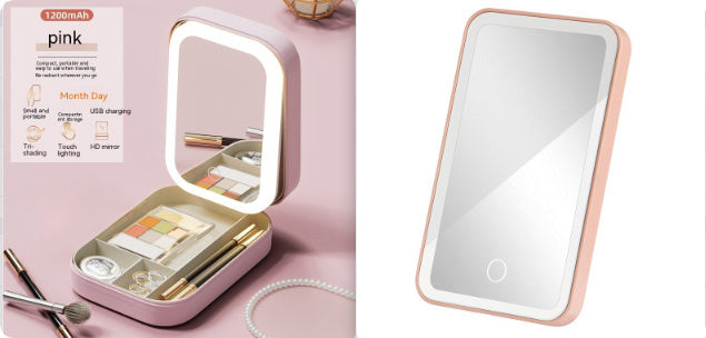 Makeup Storage Box with LED Light Mirror Portable Travel